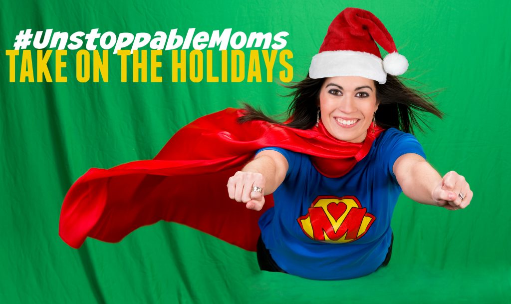 Beautiful woman plays super mom flying on green screen