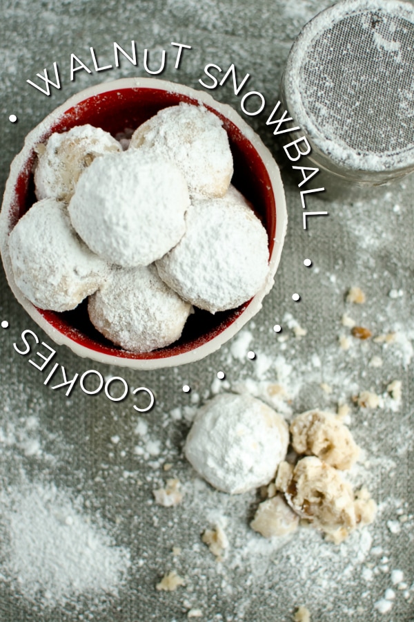 walnut snowball cookies in bowl