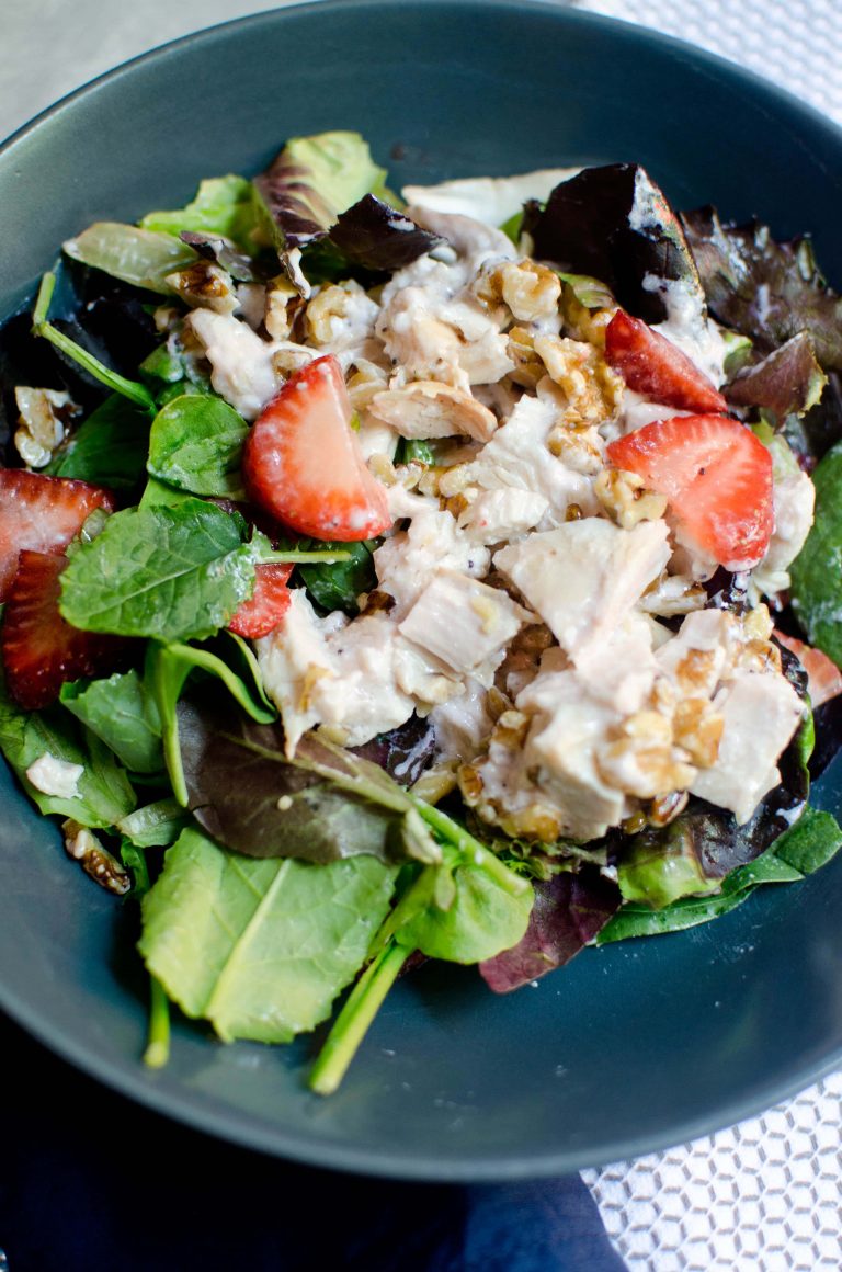 Spinach Strawberry and Walnut Salad with Creamy Raspberry Vinaigrette