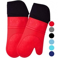 Extra Long Professional Silicone Oven Mitt - 1 Pair - Oven Mitts with Quilted Liner - Red - Homwe